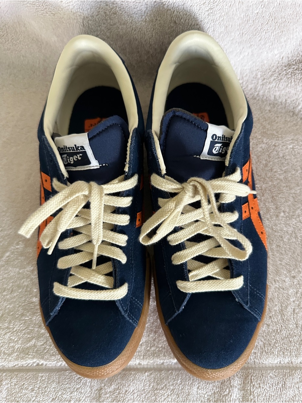 Onitsuka Tiger by Asics Navy Suede Sneakers with Orange Stripes and Cream Laces